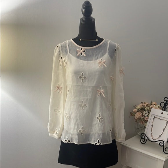 Cream Sheer Bow Blouse - Picture 1 of 12
